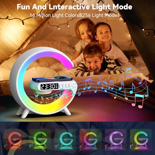 Smart Sound Machine Alarm Clocks with Atmosphere Lamp, Bluetooth Speakers Table Lamp with Wireless Charger Dimmable Night Light Alarm Clock with Music Sync and App Control, Decor Gift, Black