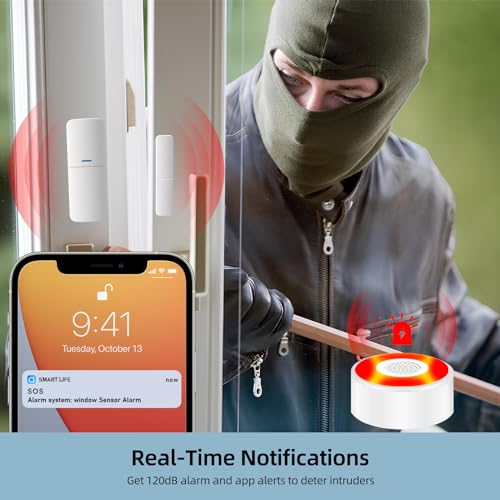 WiFi Alarm System, Smart Home Alarm System Wireless 9 Piece-kit, DIY Alarm System, Door Window Sensor, Motion Sensor, Remote, Keypad, Work with Alexa, for House, Apartment Security by GRSICO 2nd Gen