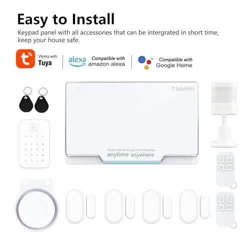 TUGARD WiFi Home Alarm Security System,Wireless DIY Smart Home Burglar Security Alarm System 10 Pieces Kits, Compatible with Alexa Google Home Voice Control for Villa Home Apartment