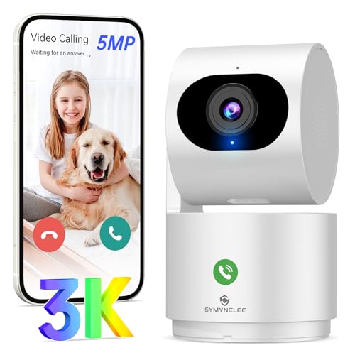 SYMYNELEC 3K 5MP Indoor Security Camera, Smart Baby Monitor/Pet Camera/Home Security with One-Touch Call 360 Pan/Tilt AI Human Detection Motion Tracking 2-Way Talk Noise Reduction, Works with Alexa