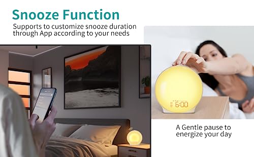 MOMILLA Smart Sunrise Alarm Clock, Wake-up Light Compatible with Alexa, App Control, FM Radio, Sunset Night Light, Dual Alarms with Snooze Function for Heavy Sleepers, Adults & Kids