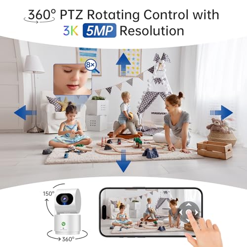SYMYNELEC 3K 5MP Indoor Security Camera, Smart Baby Monitor/Pet Camera/Home Security with One-Touch Call 360 Pan/Tilt AI Human Detection Motion Tracking 2-Way Talk Noise Reduction, Works with Alexa
