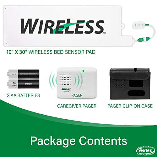 Smart Caregiver Wireless Bed Pad Alarm System with Weight Sensor and Pager for Fall Prevention | 10" x 30" Alarm Pad for Bed Alerts Medical Caregiver | Cordless Bed Alarm with Up to 300' Range