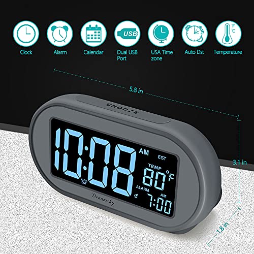DreamSky Alarm Clocks for Bedrooms, Auto Set Digital Desk Clock for Bedside Nightstand, Electric Clock with Dimmable Brightness Dimmer, Auto DST, USB Port, Date, Temperature, Snooze
