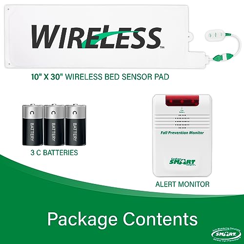 Smart Caregiver Wireless Bed Alarm System - Cordless Weight Sensing Bed Alarm Pad (10” x 30”) with Remote Alert Monitor, Free Individual Cleaning Wipes and Liberty 7 Day Pill Box