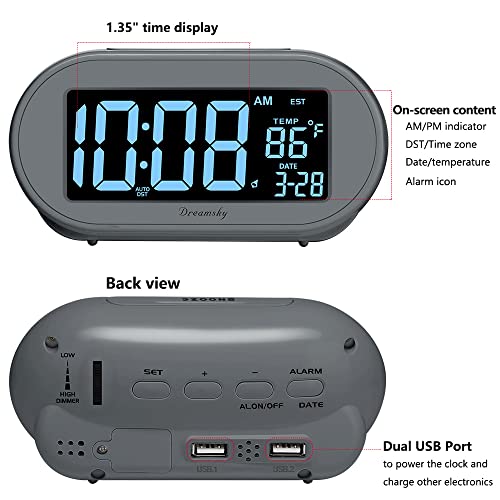 DreamSky Alarm Clocks for Bedrooms, Auto Set Digital Desk Clock for Bedside Nightstand, Electric Clock with Dimmable Brightness Dimmer, Auto DST, USB Port, Date, Temperature, Snooze