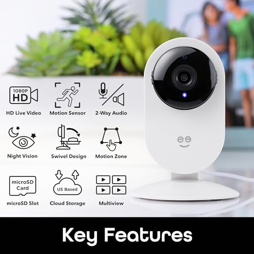 Geeni Glimpse Indoor Home Security Camera - 1080p Video Wireless WiFi, 2-Way Audio, Motion Alert Phone App, Compatible with Alexa, Google Home, White