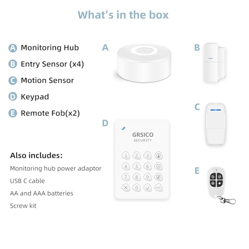 WiFi Alarm System, Smart Home Alarm System Wireless 9 Piece-kit, DIY Alarm System, Door Window Sensor, Motion Sensor, Remote, Keypad, Work with Alexa, for House, Apartment Security by GRSICO 2nd Gen