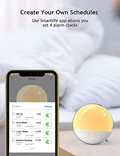 Smart Sunrise Alarm Clock, Wake Up Light Alarm Clocks for Bedrooms, Teens Heavy Sleepers Kids,Sleep Aid with FM Radio, Sunrise/Sunset Simulation, 4 Alarm Clock, 7 Natural Sounds, APP Remote Control