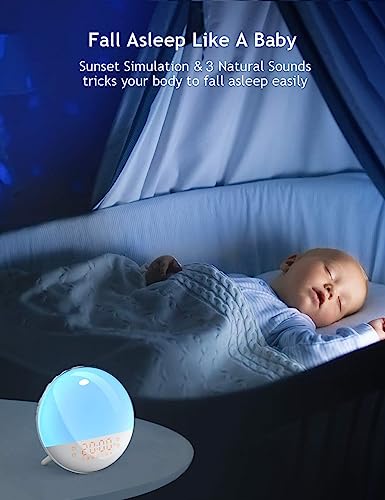Smart Sunrise Alarm Clock, Wake Up Light Alarm Clocks for Bedrooms, Teens Heavy Sleepers Kids,Sleep Aid with FM Radio, Sunrise/Sunset Simulation, 4 Alarm Clock, 7 Natural Sounds, APP Remote Control