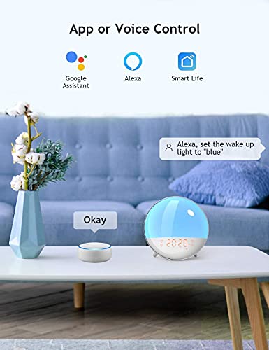 Smart Sunrise Alarm Clock, Wake Up Light Alarm Clocks for Bedrooms, Teens Heavy Sleepers Kids,Sleep Aid with FM Radio, Sunrise/Sunset Simulation, 4 Alarm Clock, 7 Natural Sounds, APP Remote Control