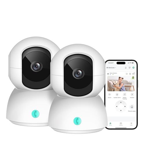 OFYOO 2K Security Camera Indoor(2pk), Baby Monitor Pet Camera with Phone App, 360-Degree WiFi Camera for Home Security, One-Touch Calls, Smart Motion Tracking, IR Night Vision, NO Installation