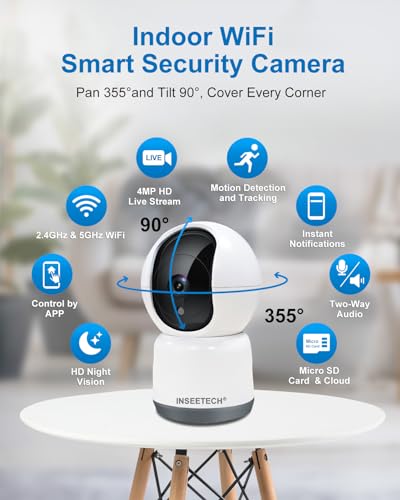 INSEETECH 5ghz WiFi Security Camera Indoor with Tuya Smart App, 2K 4MP Baby Pet Dog Cat Camera, Pan Tilt Zoom Plug-in Camera, AI Motion Detection & Auto Tracking, Night Vision, 2-Way Talk