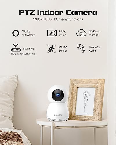 WESECUU Indoor Camera, 360 PTZ Pet Camera Dog Camera with Phone App, 2.4G WiFi Smart Video Baby Monitor Cameras for Home Security Indoor Motion Detection Siren 24/7 Night Vision 2 Way Talk Cloud/SD