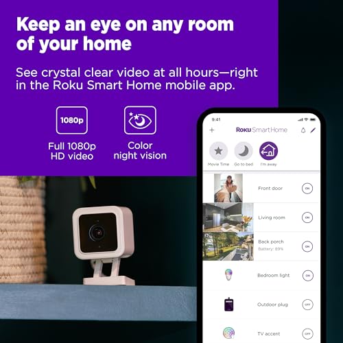 Roku Indoor Camera for Home Security, 1-Pack - Wired Security Camera with 1080p HD Color Night Vision, Works with Alexa & Google, Motion & Sound Detection, Built-in Siren, 90-Day Subscription Included