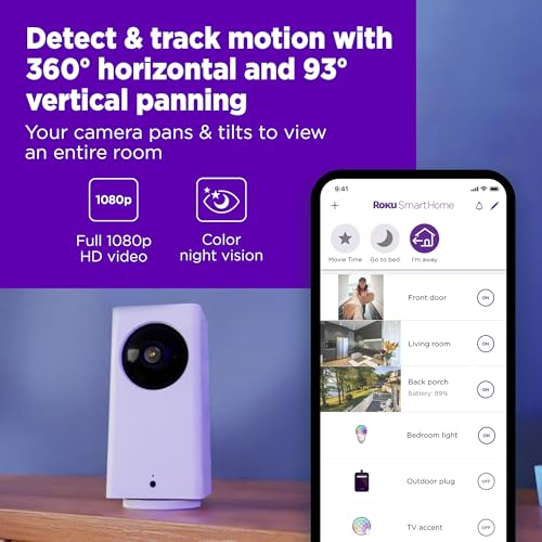 Roku Indoor Camera 360° for Home Security - Security Camera with 1080p HD Color Night Vision, Works with Alexa & Google, Motion Detection & Tracking - Pan & Tilt - 90-Day Subscription Included