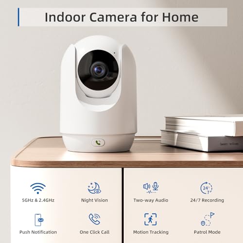 Indoor Security Camera, 5G&2.4G WiFi Cameras for Home Security, Pet/Baby Camera with Phone App, One-click Call, Motion Tracking, Patrol, Pan/Tilt, 2-way Talk, Works with Alexa and Google Assistant