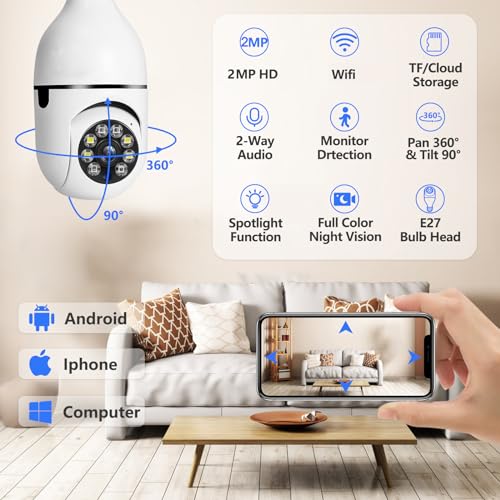 5G Light Bulb Security Camera Wifi Dual Band ,360 degree 1080P Security Camera, Wireless Indoor Camera Full Color,Smart Dome Camera with Auto Tracking, Light Socket Camera Surveillance PTZ Camera