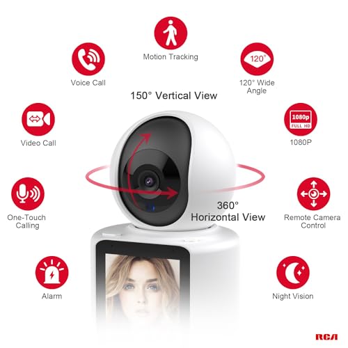 RCA Smart HD Camera with Video Screen, 2-Way Video Calls, No Smartphone Needed – Motion Tracking, Night Vision, 1080p Camera, 128GB Expandable Storage, 360° Pan & Tilt Function
