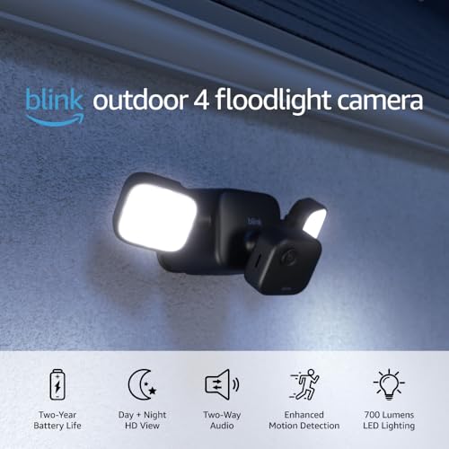Blink Outdoor 4 Floodlight Camera – Wire-free smart security camera, 700 lumens, two-year battery life, HD live view, enhanced motion detection, Works with Alexa- 1 camera system