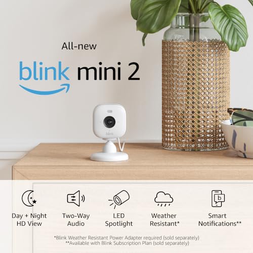 All-new Blink Mini 2 — Plug-in smart security camera, HD night view in color, built-in spotlight, two-way audio, motion detection, Works with Alexa — 2 Cameras (White)