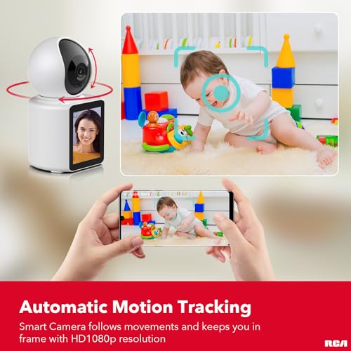 RCA Smart HD Camera with Video Screen, 2-Way Video Calls, No Smartphone Needed – Motion Tracking, Night Vision, 1080p Camera, 128GB Expandable Storage, 360° Pan & Tilt Function