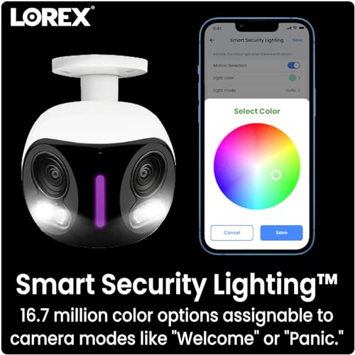 Lorex 4K Dual-Lens Indoor/Outdoor WiFi Security Camera with Smart Security Lighting, 32GB (White)