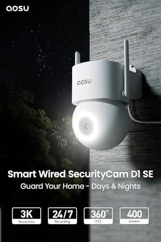 AOSU 3K Wired Security Camera Outdoor - Smart 24/7 Recording WiFi Camera for Home Security w/Sound Light Alerts, AI Surveillance, 360° View, Auto-Tracking, No Monthly Fee Cameras (2.4Ghz WiFi Only)