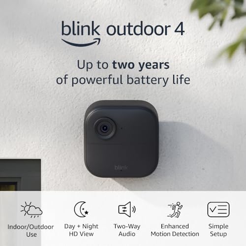 Blink Outdoor 4 (4th Gen) — Wire-free smart security camera, two-year battery life, two-way audio, HD live view, enhanced motion detection, Works with Alexa – 1 camera system