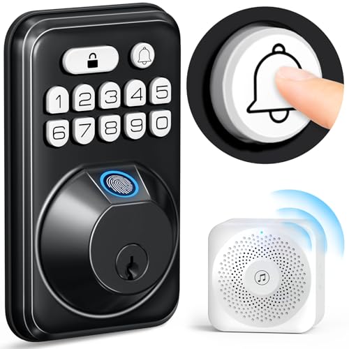 TEEHO Fingerprint Keypad Deadbolt Lock with Wireless Doorbell - Keyless Entry Door Lock for Front Door - Digital Electronic Deadbolt Lock - Secure Code Access, 38 Chimes