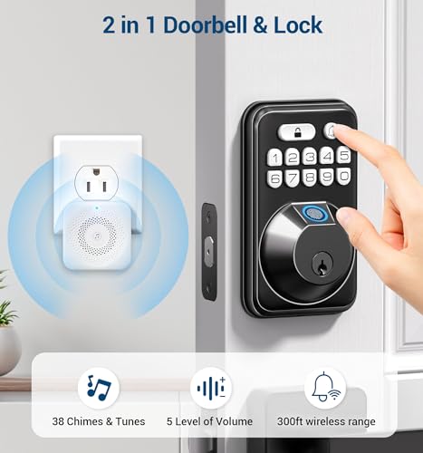 TEEHO Fingerprint Keypad Deadbolt Lock with Wireless Doorbell - Keyless Entry Door Lock for Front Door - Digital Electronic Deadbolt Lock - Secure Code Access, 38 Chimes