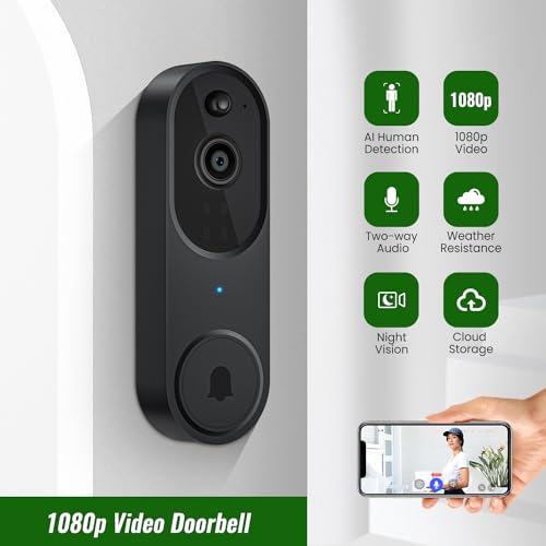 HotFun 1080P Wireless Video Doorbell Camera with Ring Chime, Smart AI Human Detection, Night Vision, 2-Way Audio, Battery Powered, Cloud Storage, 2.4G WiFi, Indoor Outdoor Surveillance