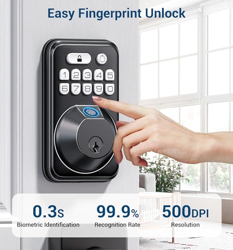 TEEHO Fingerprint Keypad Deadbolt Lock with Wireless Doorbell - Keyless Entry Door Lock for Front Door - Digital Electronic Deadbolt Lock - Secure Code Access, 38 Chimes