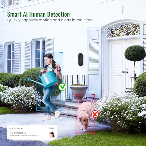HotFun 1080P Wireless Video Doorbell Camera with Ring Chime, Smart AI Human Detection, Night Vision, 2-Way Audio, Battery Powered, Cloud Storage, 2.4G WiFi, Indoor Outdoor Surveillance