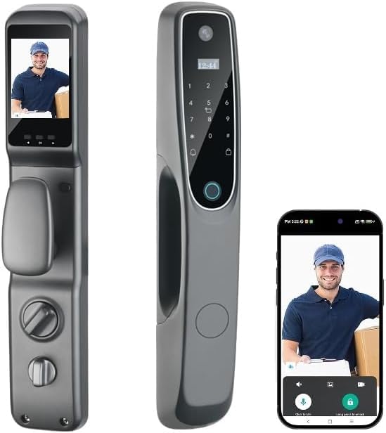 Smart Door Lock with Camera, keyless door entry lock, electronic locks for Front doors with Doorbell, Waterproof Door Lock with Fingerprint, Code, IC Card Entry, Key, Rechargeable Battery, Tuya APP