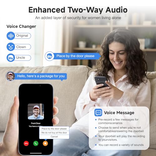 Video Doorbell Camera Wireless No Subscription, Door Bell Cameras Wireless with Chime, 2.4GHz,1080P Door Camera, 2-Way Audio, PIR Motion Detection, Voice Changer, Real Time Alert, Works with Alexa