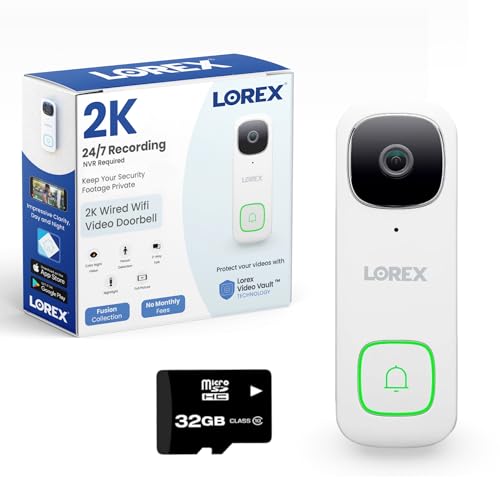 Lorex 2K Wired WiFi Smart Video Doorbell Camera w/No Subscription Fee - Smart Security Lighting, Night Vision, Motion Detection, Requires Existing Wiring (Midnight Black)