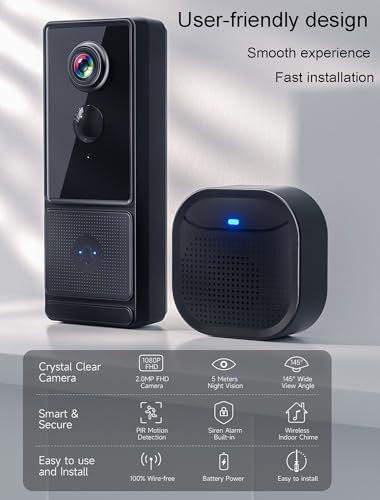 Hipoink Smart Video Doorbell Camera, Easy to Set up on App and Video Doorbell itself with Agile Portrait Detection, Wireless for Home, Shop and Office