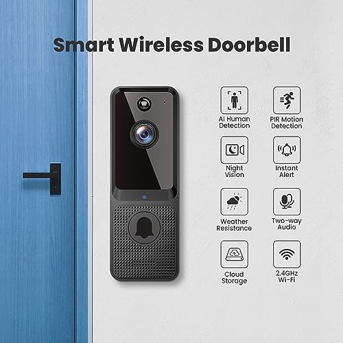 BITEPASS Smart Video Doorbell Camera Wireless with Chime, AI Human Detection, 2-Way Audio, HD Live View, Night Vision, Cloud Storage, 2.4G WiFi Only, Battery Powered