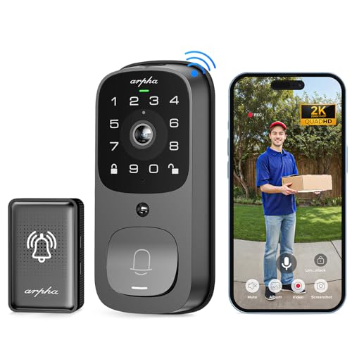 Security Smart Lock with Camera, Wifi Door Lock with Doorbell, Fingerprint Deadbolt for Front Door, 2K HD Camera, 2 way Audio Remote Control, Built-in WiFi, 32GB Local Storage, IP65 Waterproof