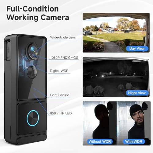 Video Doorbell Camera Wireless No Subscription, Door Bell Cameras Wireless with Chime, 2.4GHz,1080P Door Camera, 2-Way Audio, PIR Motion Detection, Voice Changer, Real Time Alert, Works with Alexa