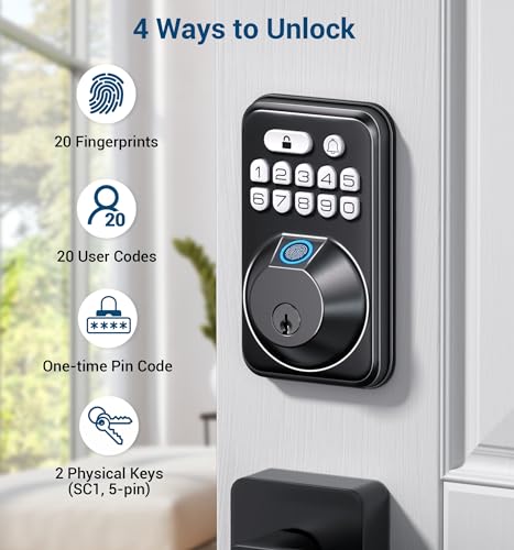 TEEHO Fingerprint Keypad Deadbolt Lock with Wireless Doorbell - Keyless Entry Door Lock for Front Door - Digital Electronic Deadbolt Lock - Secure Code Access, 38 Chimes