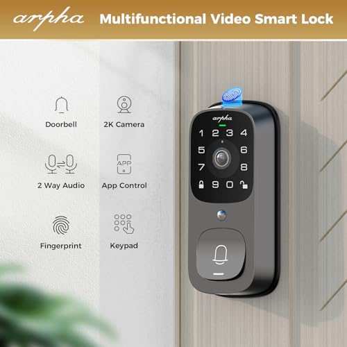 Security Smart Lock with Camera, Wifi Door Lock with Doorbell, Fingerprint Deadbolt for Front Door, 2K HD Camera, 2 way Audio Remote Control, Built-in WiFi, 32GB Local Storage, IP65 Waterproof