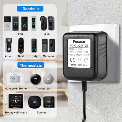 Fesasn C Wire Power Adapter,16-24 Vot Doorbell Power Transformer,for Ring Doorbell and Smart Thermostat for Nest Ecobee, Sensi and Honeywell (16.5 FT Black)
