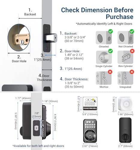 TEEHO Fingerprint Keypad Deadbolt Lock with Wireless Doorbell - Keyless Entry Door Lock for Front Door - Digital Electronic Deadbolt Lock - Secure Code Access, 38 Chimes