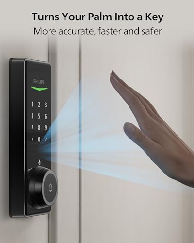 Philips Palm Recognition Wi-Fi Smart Deadbolt Lock, 2-in-1 Doorbell & Palm Recognition Keyless Entry Door Lock, Built-in WiFi, Remote Control, Wireless Chime, Auto-Unlock&Lock, One-Touch Lock, Black