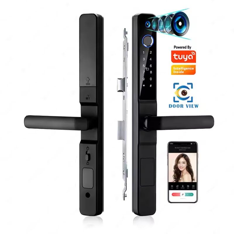 Smart Slim Door Lock, keyless Door Entry, Electronic Lock for Front Door with Doorbell, Electric Door Lock, Mortise Lock with Handle, Fingerprint, Code, IC Card Entry, Key, WiFi, Tuya app (Camera)