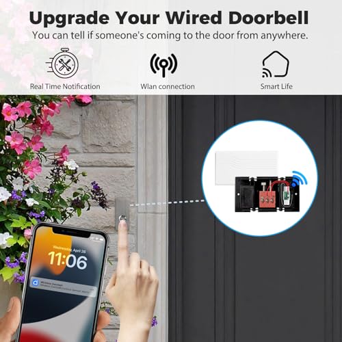 Smart Doorbell Extender with Receiver Connects to Existing Hardwired Doorbell into Wireless Door Bell with 656 FT Range, 58 Chimes and 5 Volume Levels for Garage/Basement