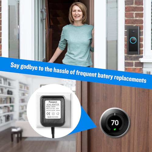 Fesasn C Wire Power Adapter,16-24 Vot Doorbell Power Transformer,for Ring Doorbell and Smart Thermostat for Nest Ecobee, Sensi and Honeywell (16.5 FT Black)