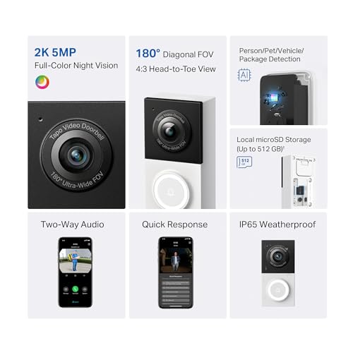 Tapo TP-Link Smart Video Doorbell Camera Wired, 2K 5MP, Color Night Vision, 180° Ultra-Wide FOV, 2-Way Audio, Free AI Detection, Cloud & SD Card Storage, Works w/Alexa & Google Home, D130
